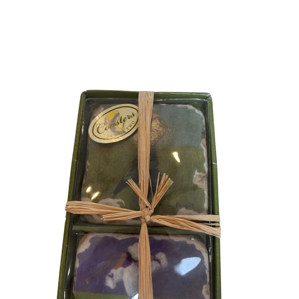 Guy Buffet Golf Stone Coasters Set of 2 Vintage Style Art Barware Gift Boxed